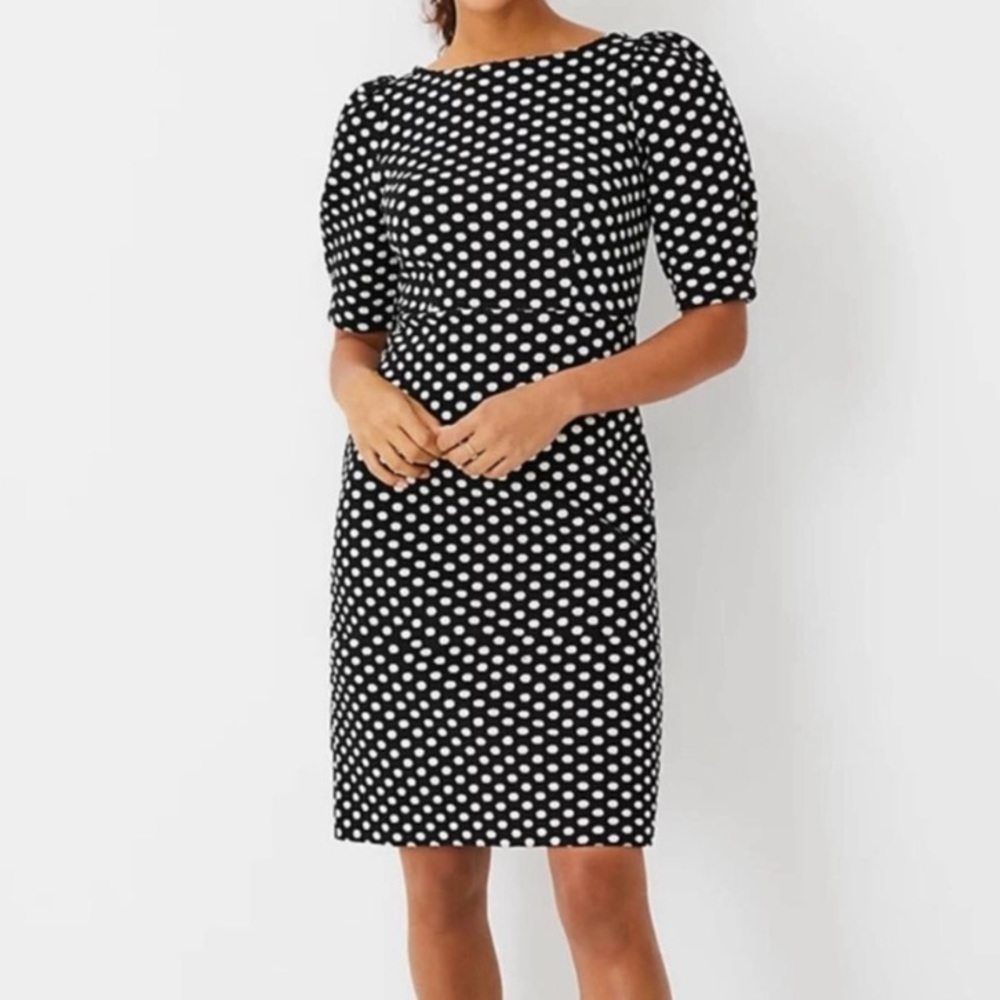 ANN TAYLOR Polka Dot Pleated Puff Sleeve Sheath Dress Size 4